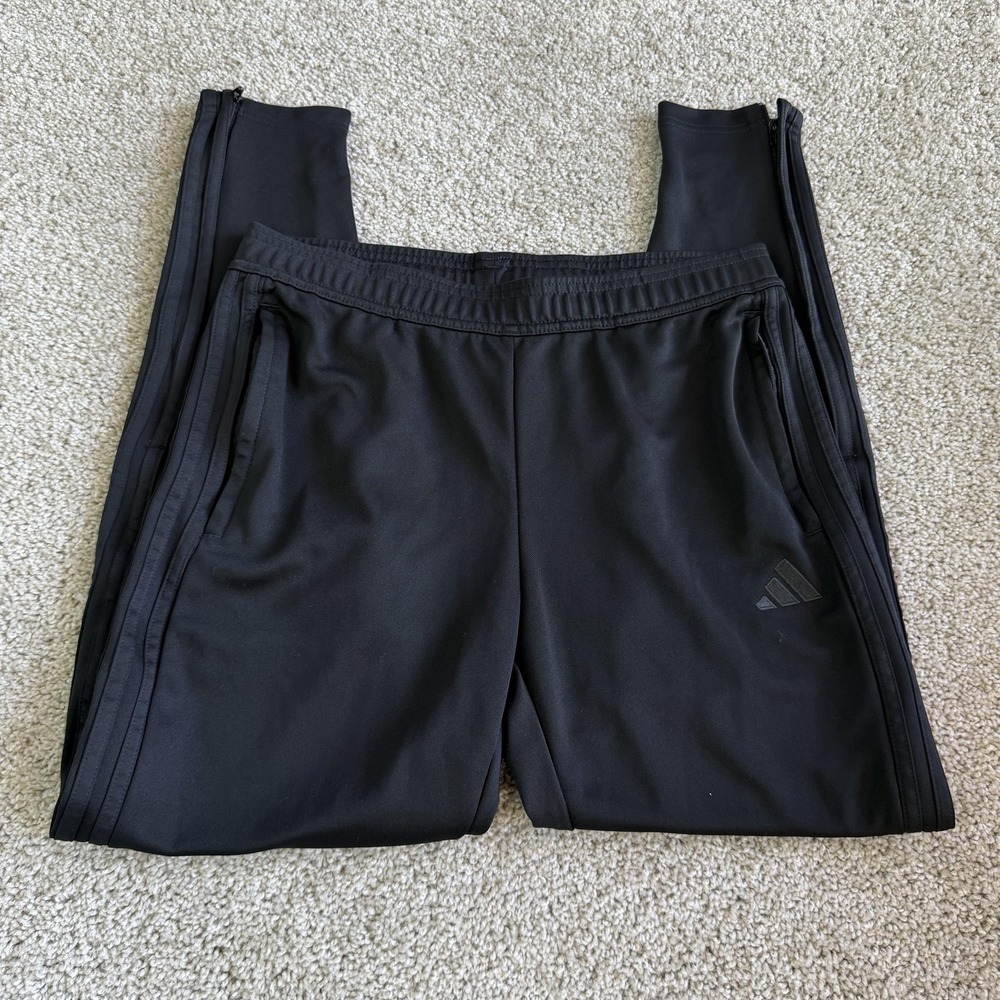 Adidas Track Pants Mens Medium Black Knit Elastic Waist Pockets Side Zip Tapered